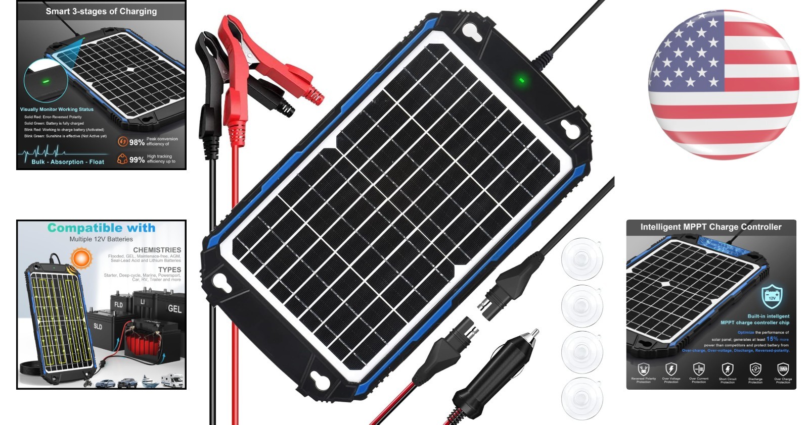 High Efficiency 12W 12V Solar Charger with Safety Protections for All Batteries