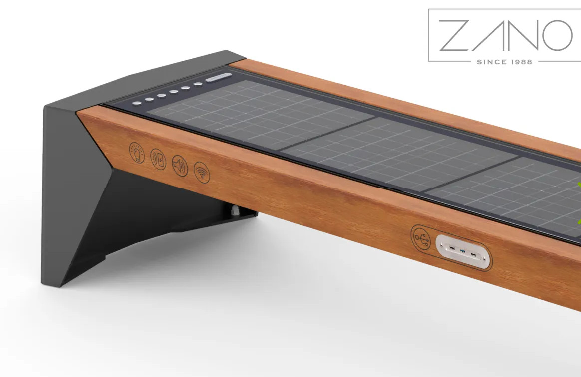 Modern Solar outdoor bench Photon. WIFI, lighting & charging station. USB ports