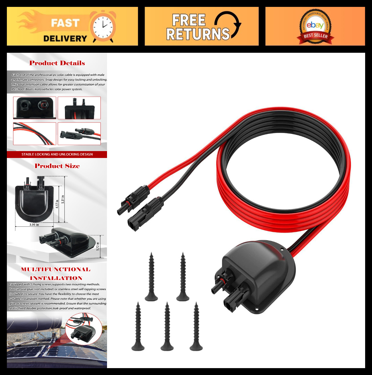 Solar Cable Entry Gland with 10AWG Extension Cable & MC4 Connectors for RV, Boat
