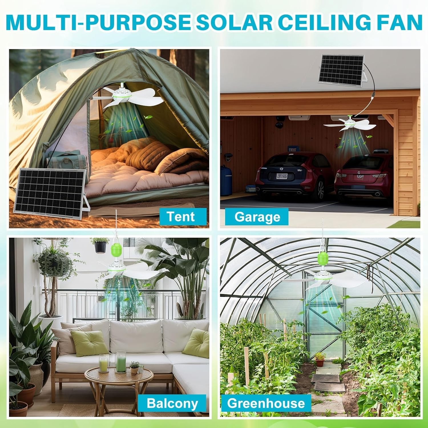 2 Set Solar Ceiling Fan Kit W/ 15w Panel USB Hanging Fan 15.74” Dual Power