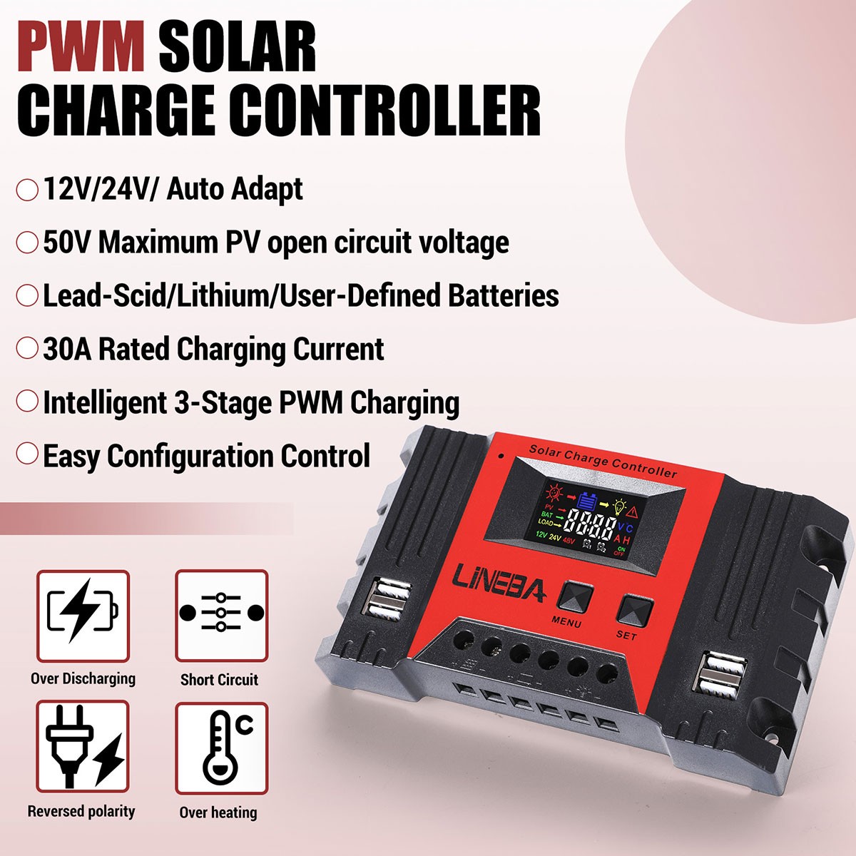 30A Solar Charge Controller PWM Regulator for 12V 24V Auto with 4 USB Ports LCD