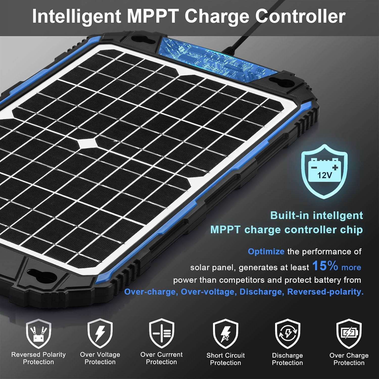 Waterproof 12W 12V Solar Battery Charger & Maintainer Pro, Built-In Ultrasmart M