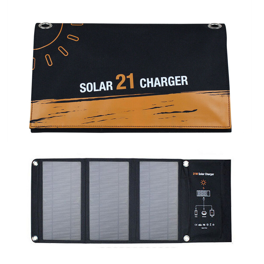 Folding Solar Panel 5V 21W Fast Dual USB Charge Power Bank For Cell Mobile Phone