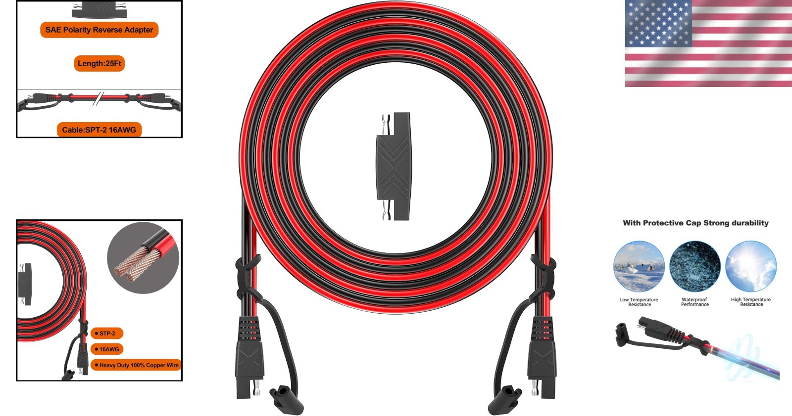 16AWG SAE to SAE Extension Cable 12 Feet – Water-Resistant with Polarity Adapter