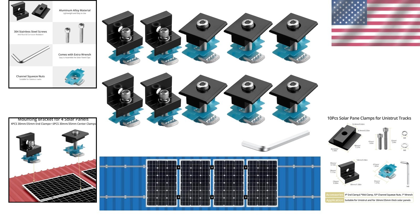 10Pcs Solar Panels Mid Clamps for Unistrut Aluminium Panel Brackets 30Mm/35Mm
