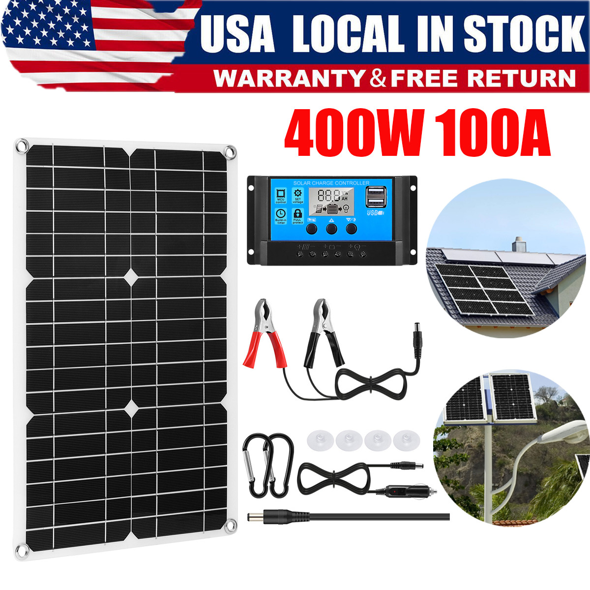 400W 12V Monocrystalline Solar Kit 100A Controller Charger for RV Boat Caravan