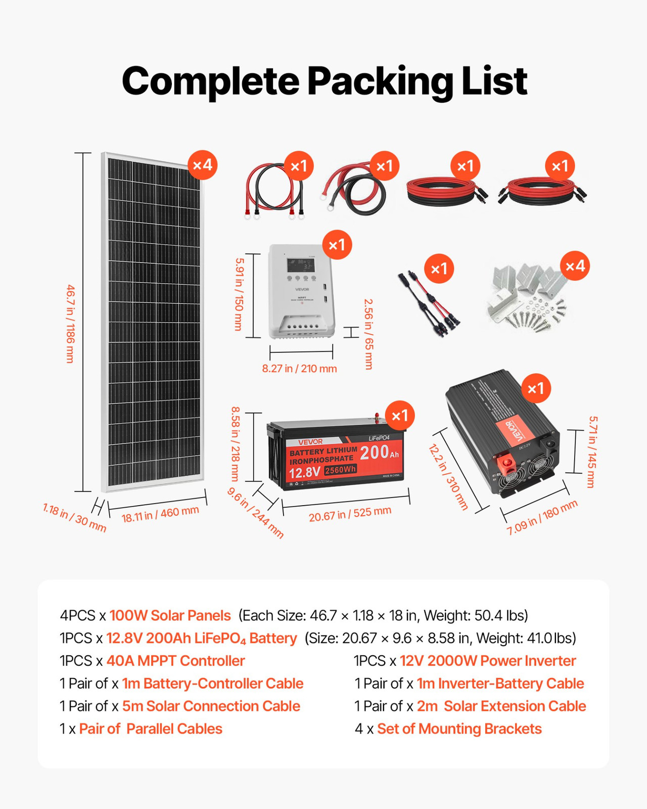 400W 12V Solar Power Kit w/ 200Ah LiFePO4 Battery 2000W Inverter MPPT