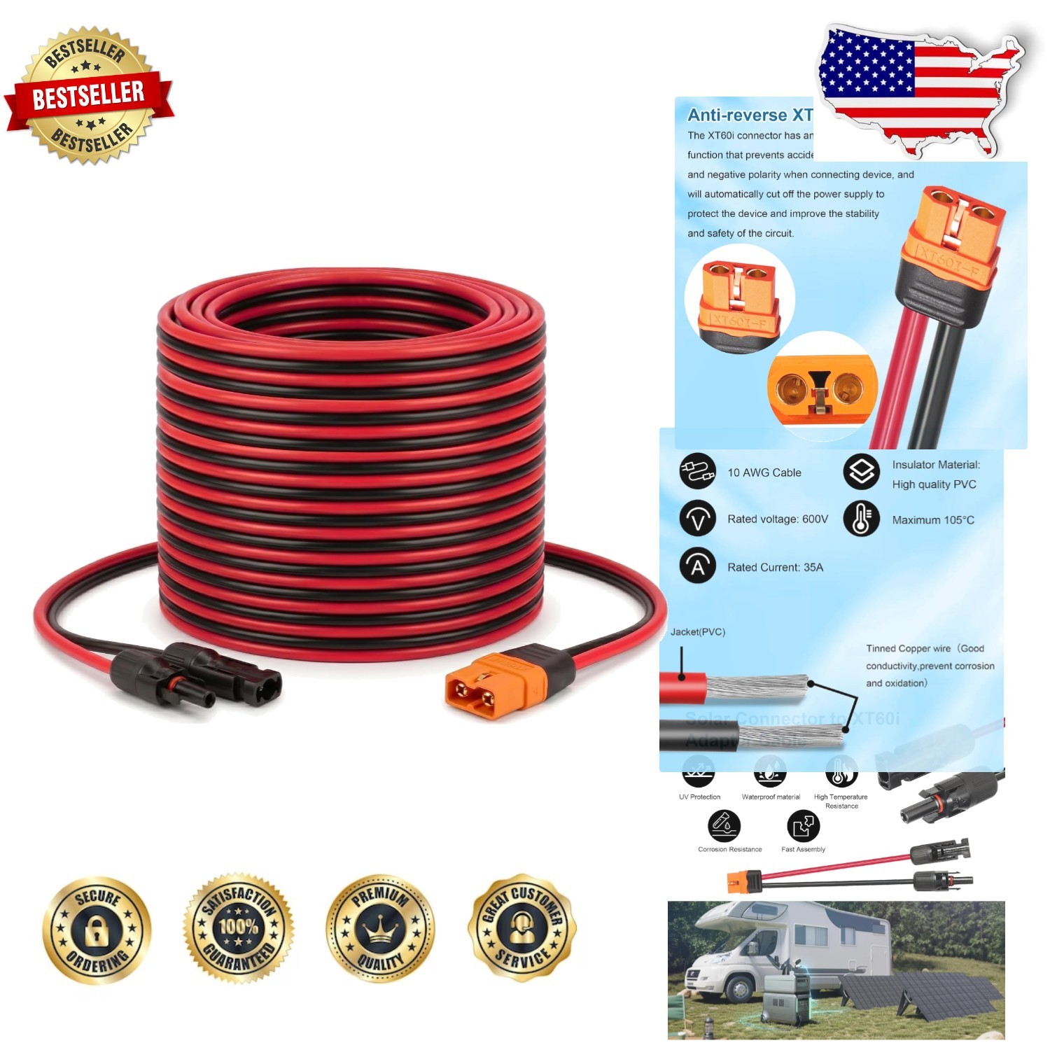 Solar Cable 10AWG 30FT XT60i Heat Resistant Outdoor Generator Power Station