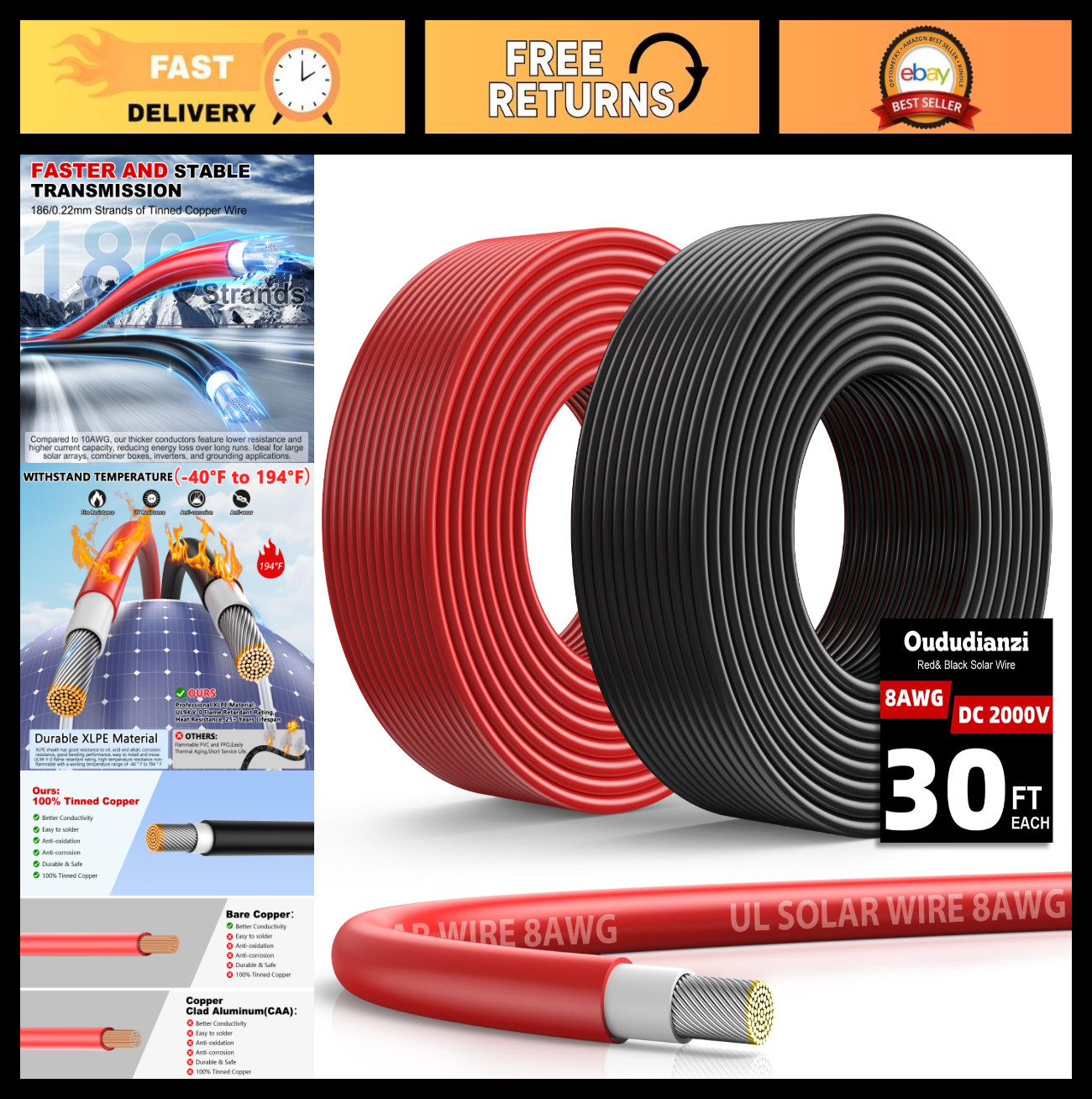 8AWG Solar Panel Wire 2x30Ft Tinned Copper PV Cable Outdoor Extension Automotive