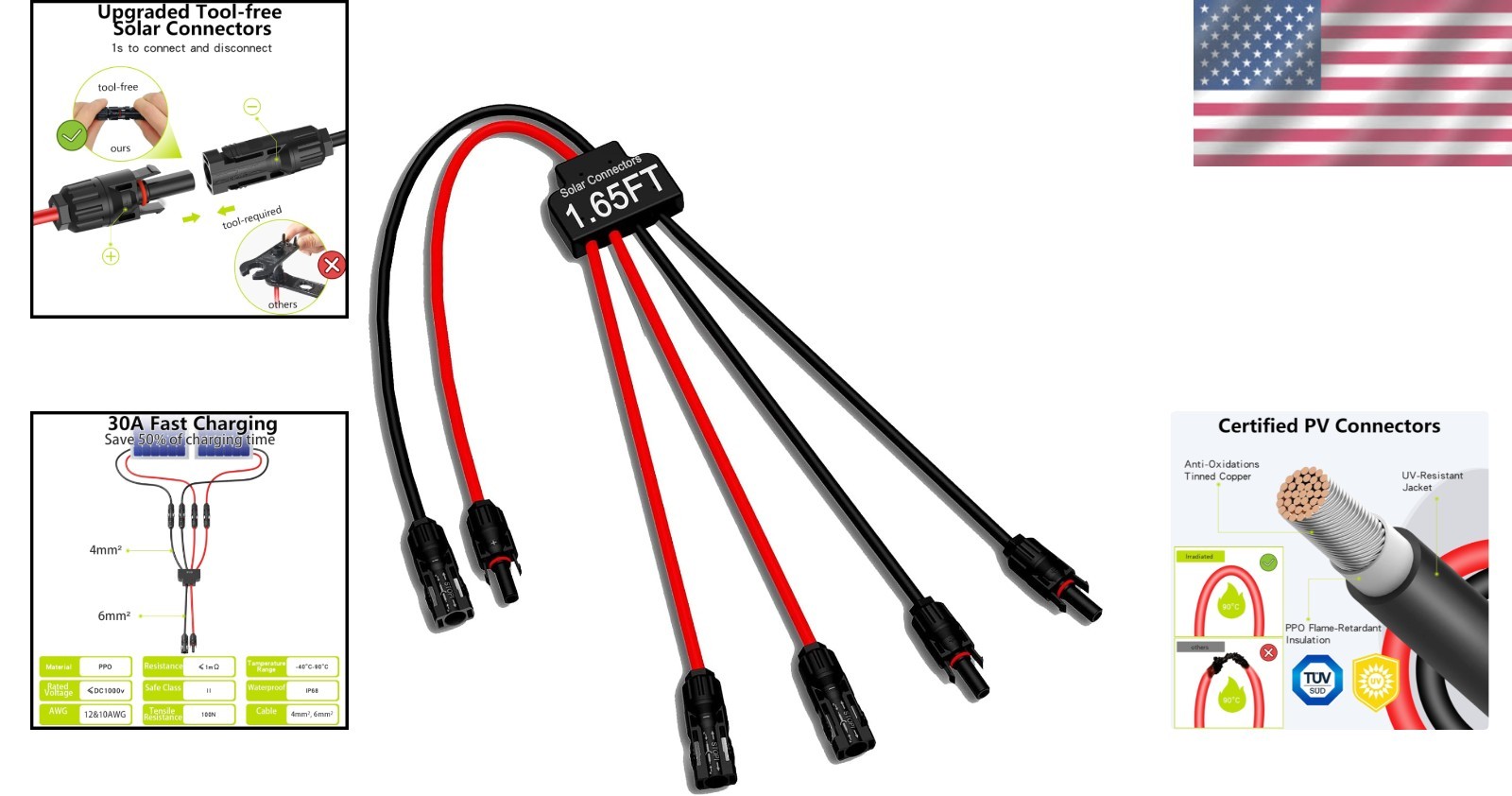 Efficient Solar Power Connectors: Y Branch Cable for 2 Solar Panels to 4 Devices