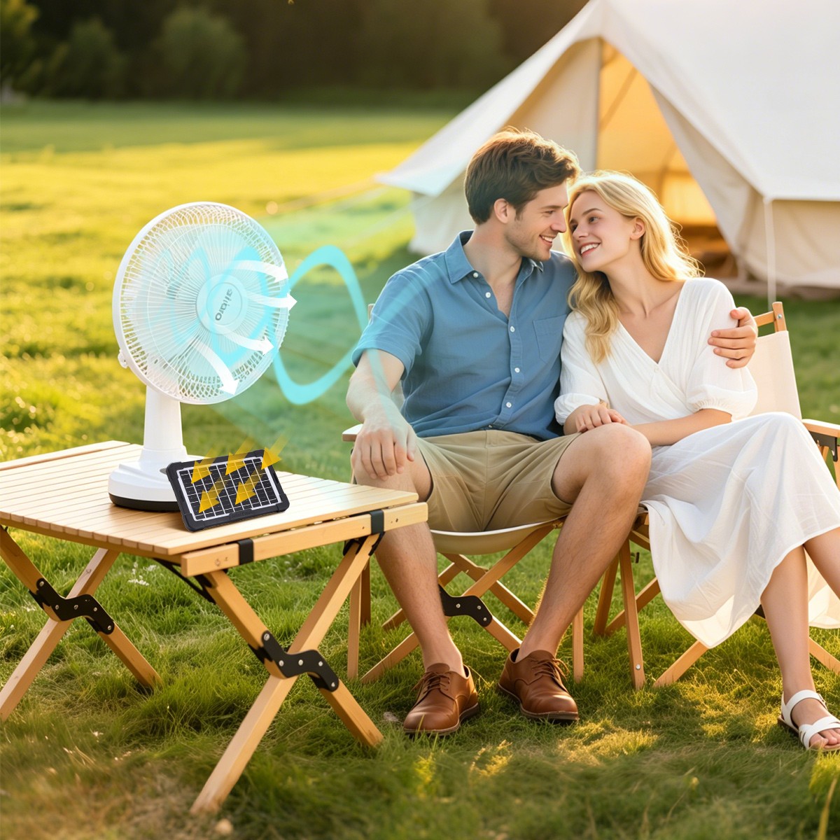 12″ Solar Powered Fan Rechargeable Fan with 2 LED Bulbs Portable Camping Fan US