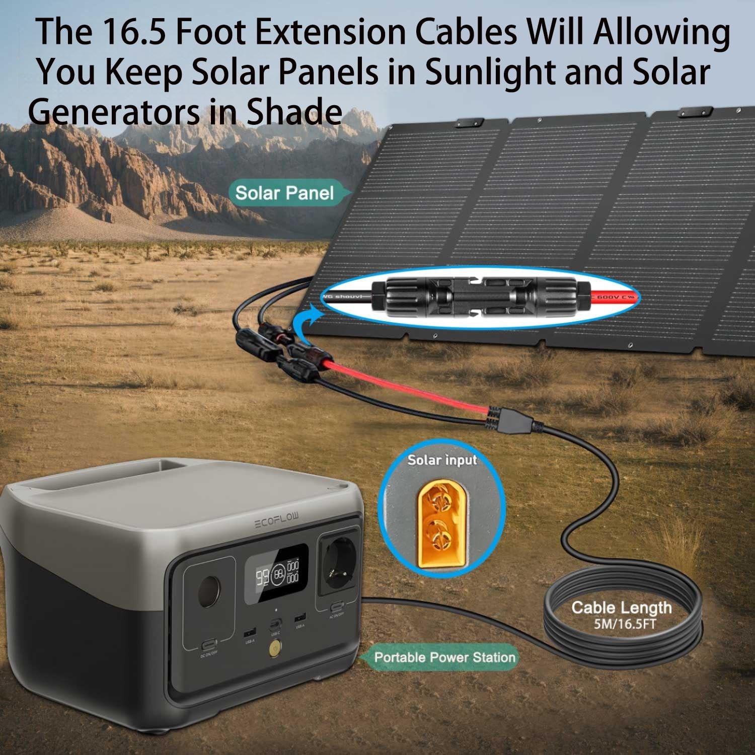 16.5ft XT60i Solar Charging Cable for Portable Power Stations & Generators