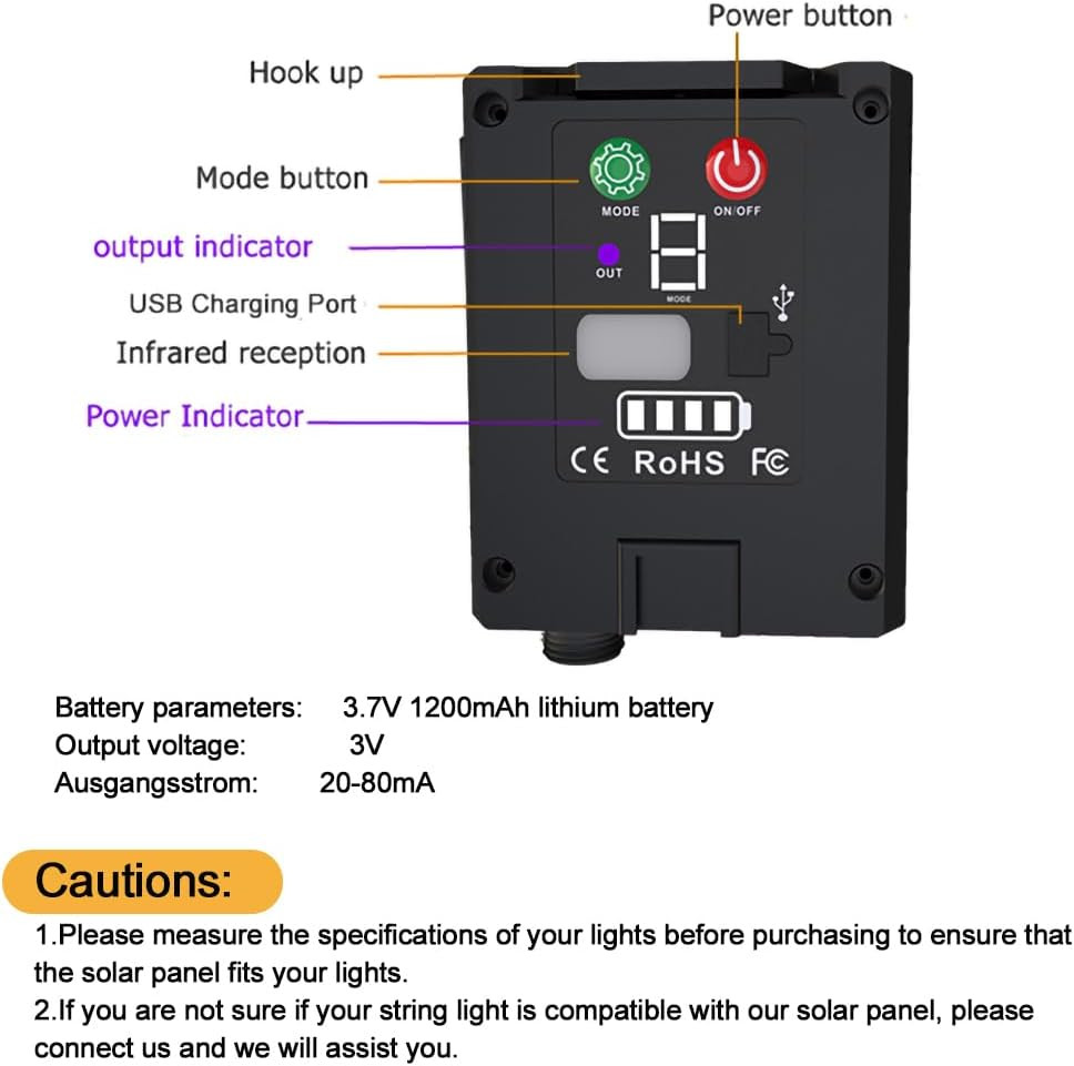 Solar Battery Box for 24V LED String Lights, 1200mAh Lithium Solar Panel with Re