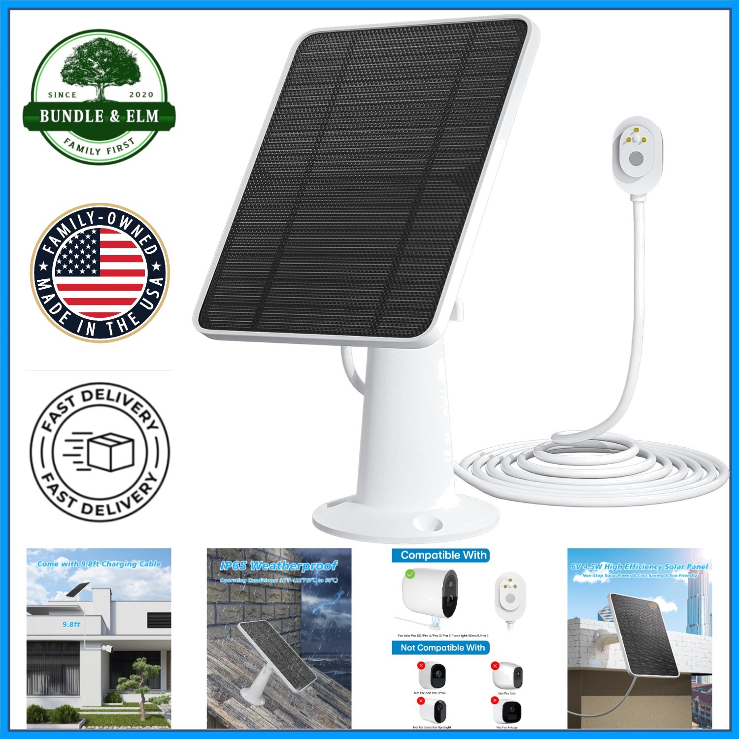 Monocrystalline Solar Panel for Arlo Cameras with 360 Adjustable Bracket