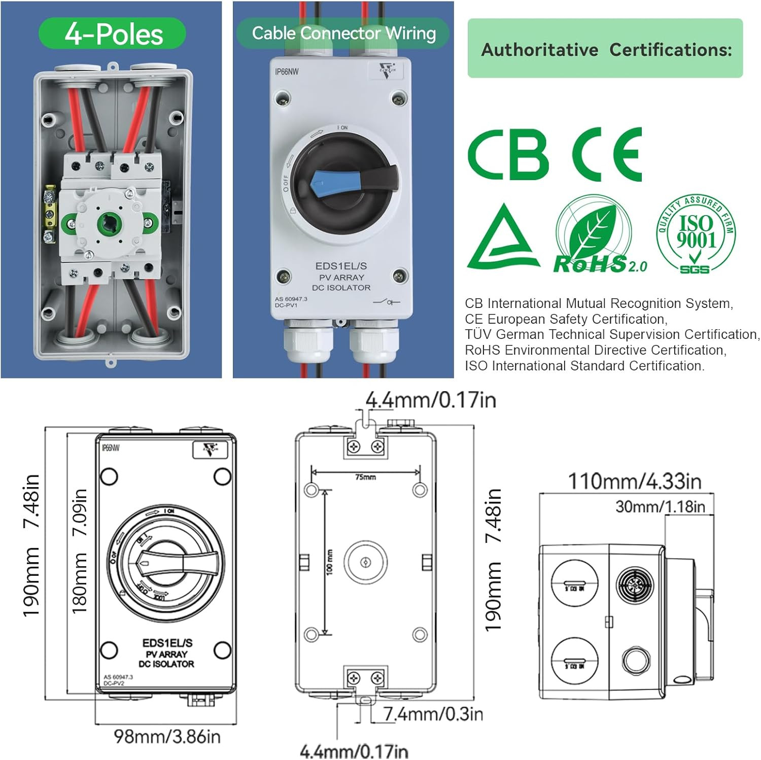 Solar Disconnect Switch 4-Pole DC 1500V 32A Isolator Solar Switch with Enclosure
