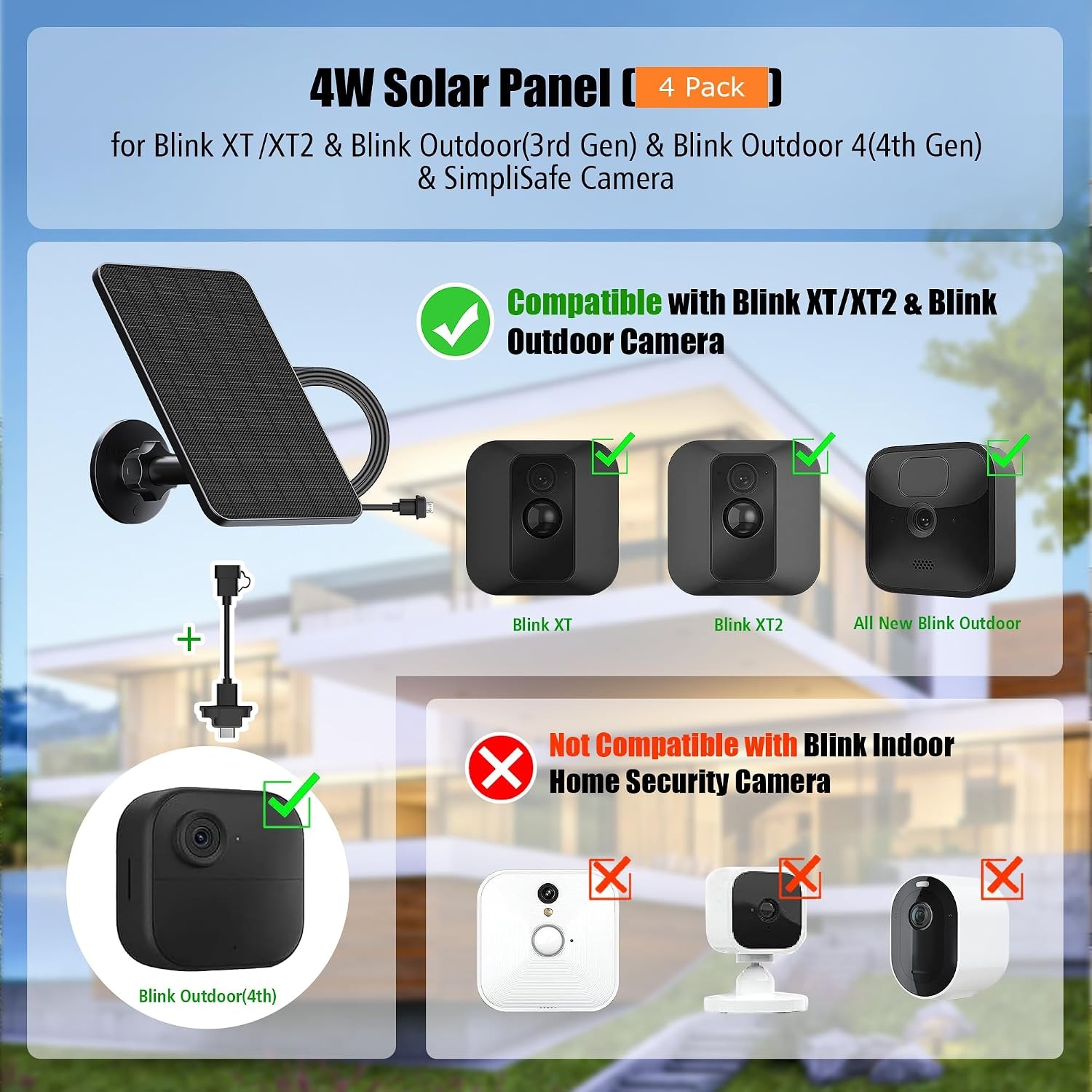Rhorawill 4-Pack Solar Panel for Blink Outdoor, w/Mount & 13ft Cable