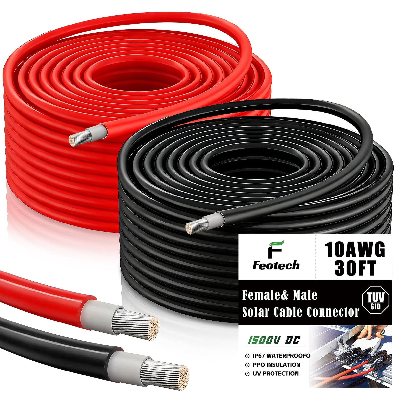 Twin Wire Solar Extension Cable 30FT – 10AWG (6mm²) Solar Panel Tinned Copper…