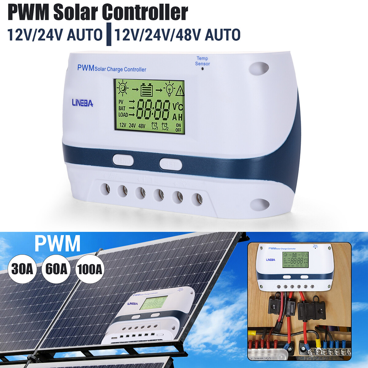 12V/24V 100A Solar Panel Battery Lithium Charging Mode Controller Regulator Auto