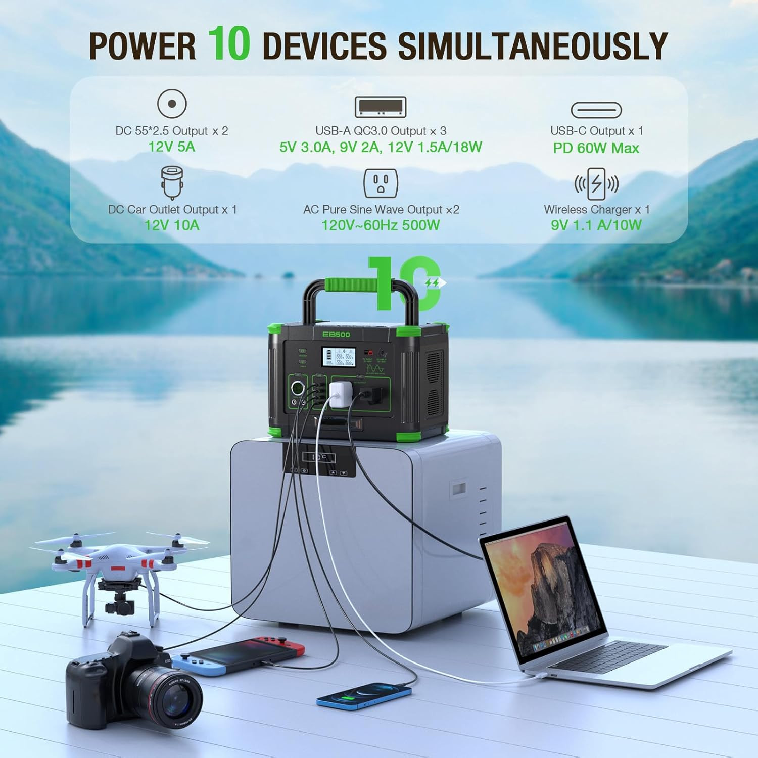 500W Portable Power Station, 519.48Wh Outdoor Solar Generator, 10-Port Powerhous
