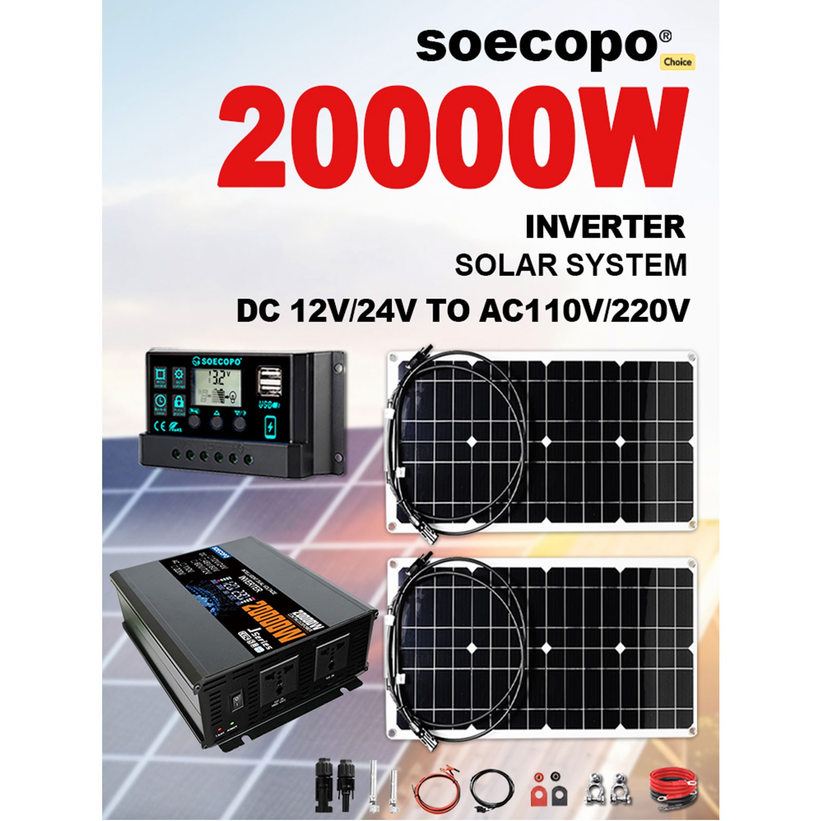 20000W Peak Solar System Kit 2pcs Flexible Panel DC12V/24V AC110V 220V Inverte
