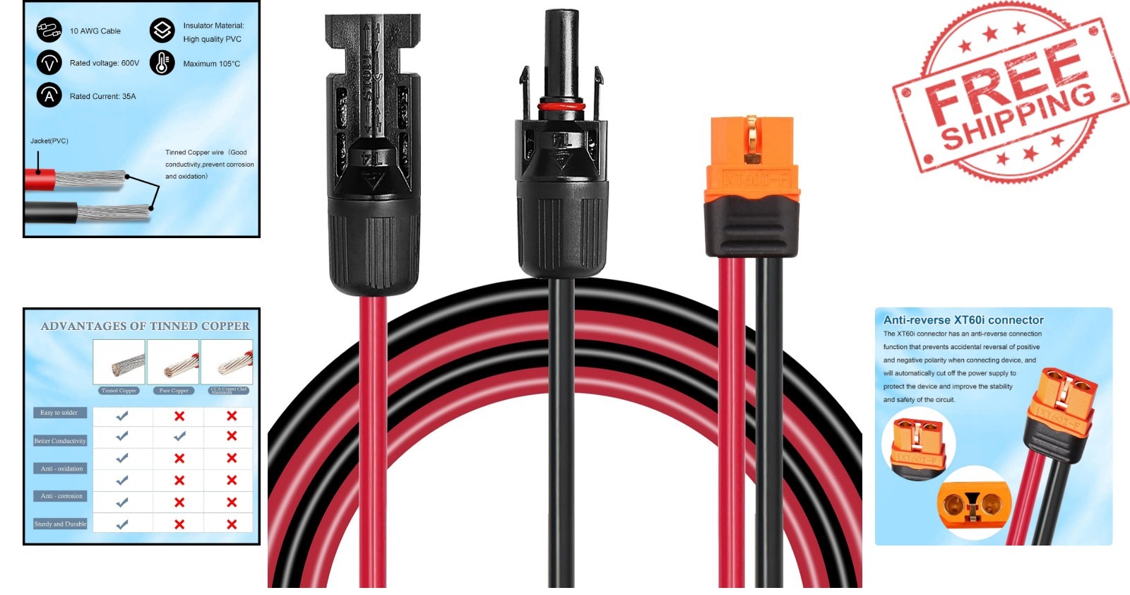 5FT XT60i Extension Cable – Waterproof 10AWG Solar Panel Connector