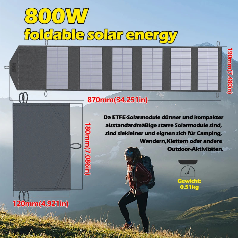 6-Fold 800W Foldable Solar Panel Portable Solar Panels Charger USB 5V DC Full Ti