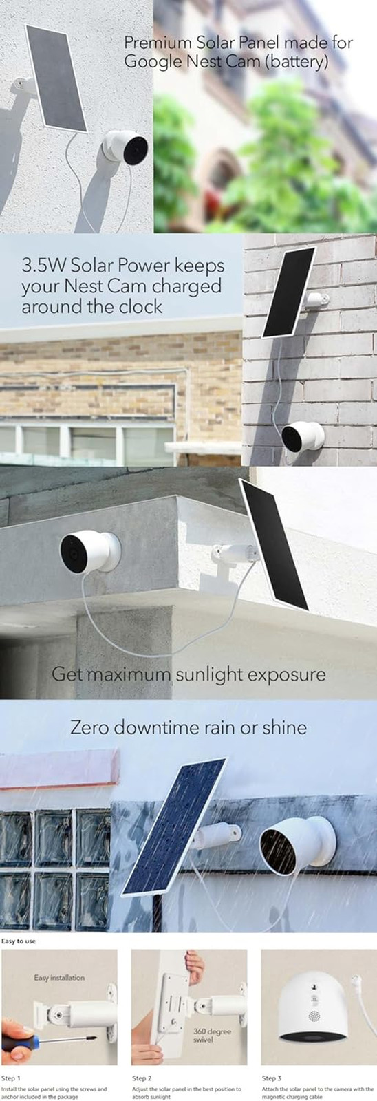 Premium Solar Panel, Solar Panel Charger for Google Nest Cam Outdoor or Indoor,