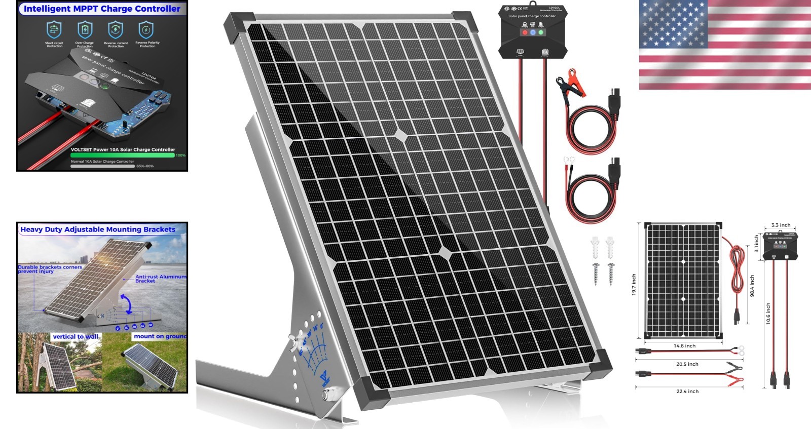 Versatile 30W Solar Panel Kit with Adjustable Bracket & LED Monitoring Lights