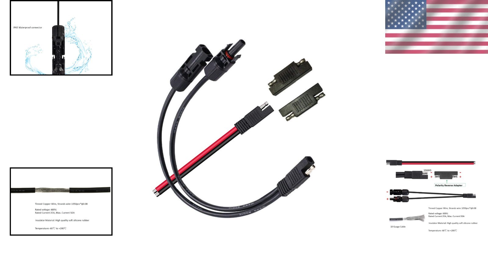 Solar Panel Connectors 10AWG MC-4 SAE Adapter PV Extension Cable for Solar Pa…