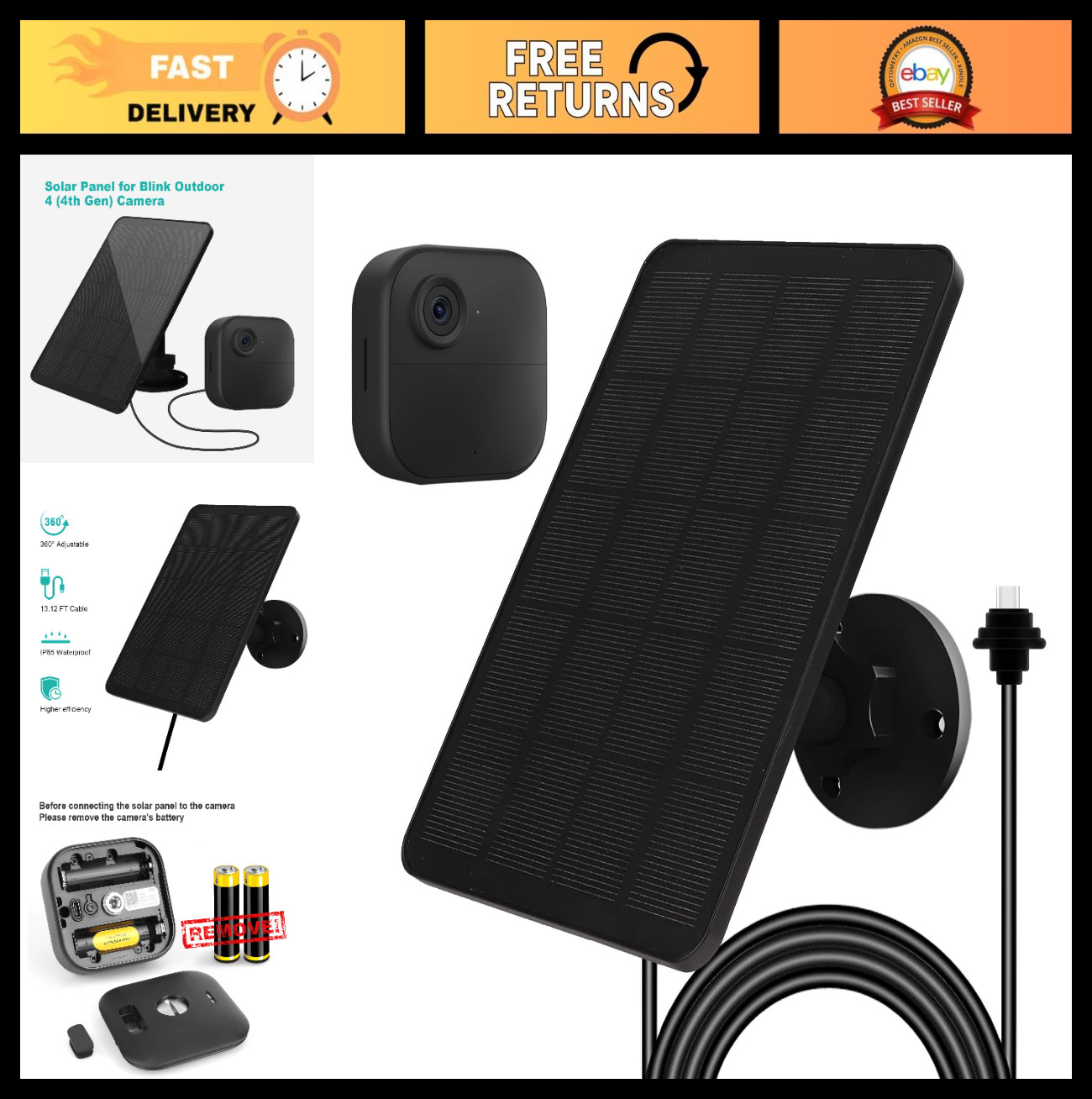 4W Solar Panel Charger for Blink Outdoor 4 Camera – 13.12ft Cable, IP65 Waterpro