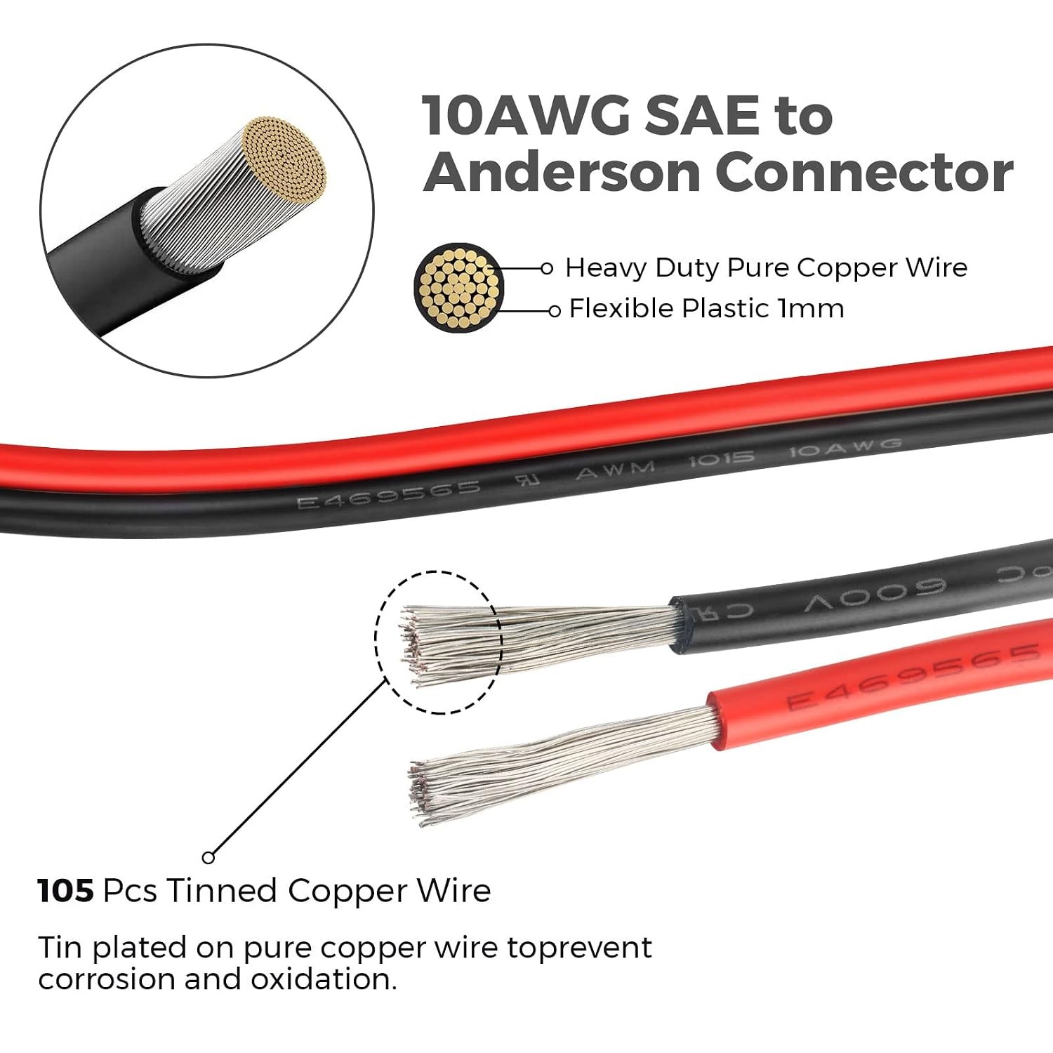 Solar SAE Cable 10AWG Extension Anderson Jackery Renogy 2 Ft