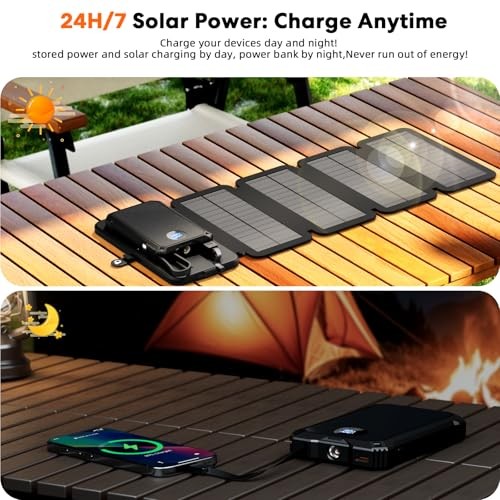 Solar Charger Power Bank 5000mAh with 4 Foldable Panels & 2 Built-in Cables,