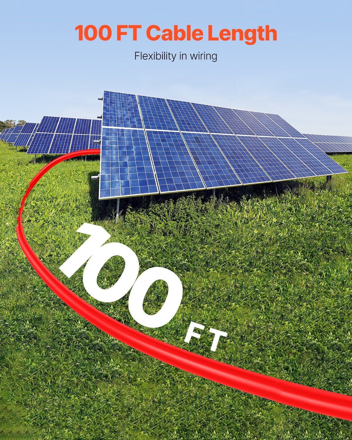 100ft 10AWG -40°C–105°C Solar Panel Cable w/ Waterproof MC4 Connectors