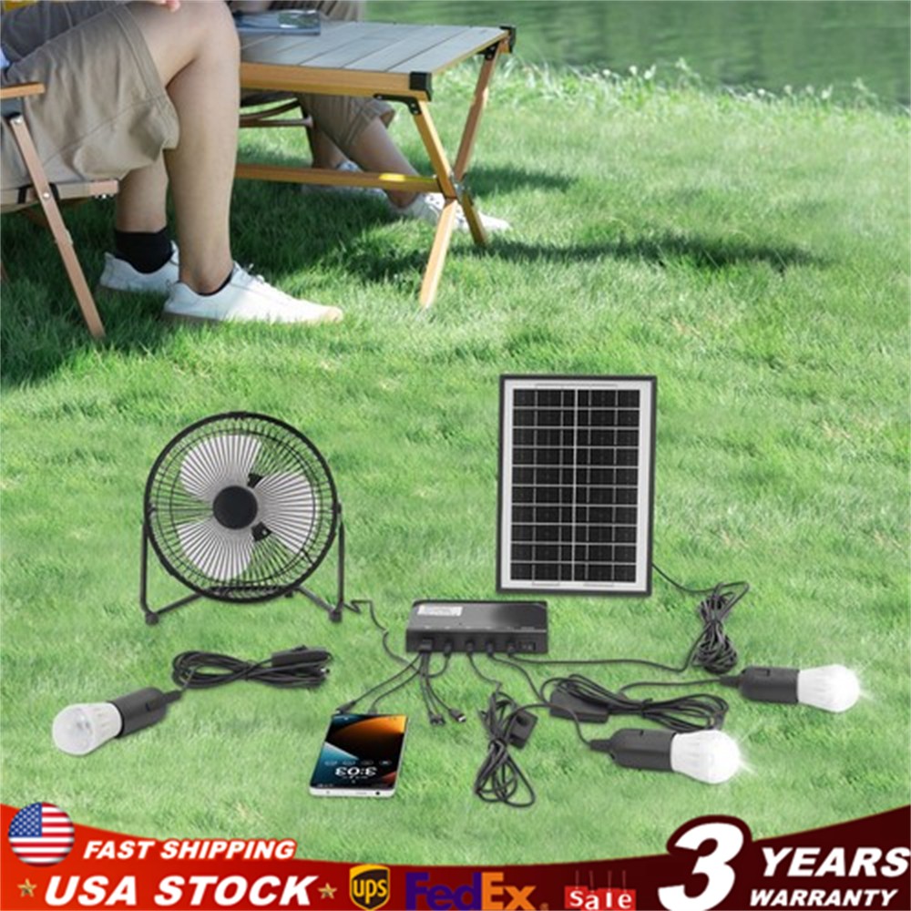 Solar Lighting & Fan Kits with 3 Bulbs USB Charging for Home Outdoor Camping