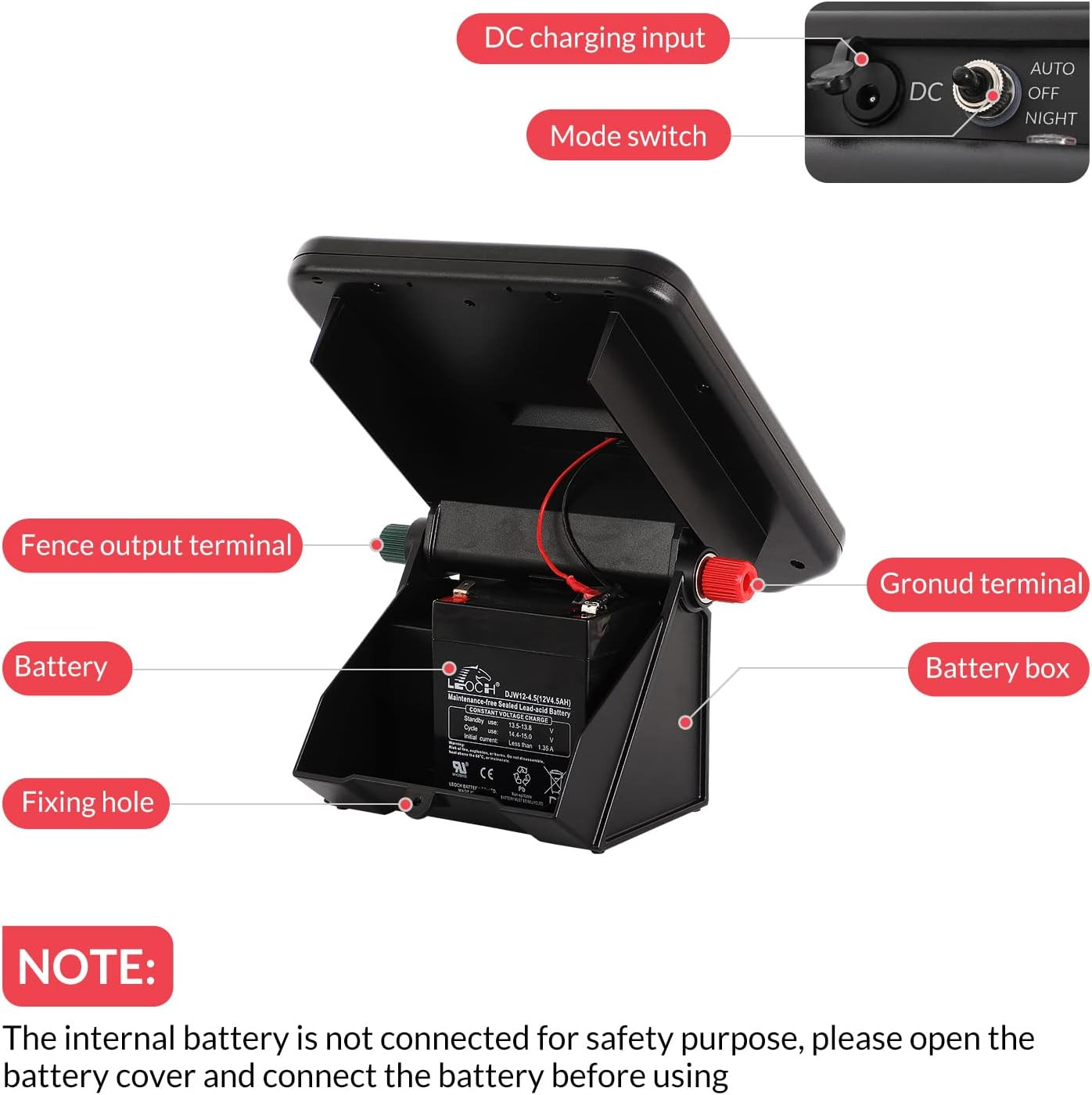 10 Miles Solar Electric Fence Charger with Day/Night Mode, 0.16J Portable Solar