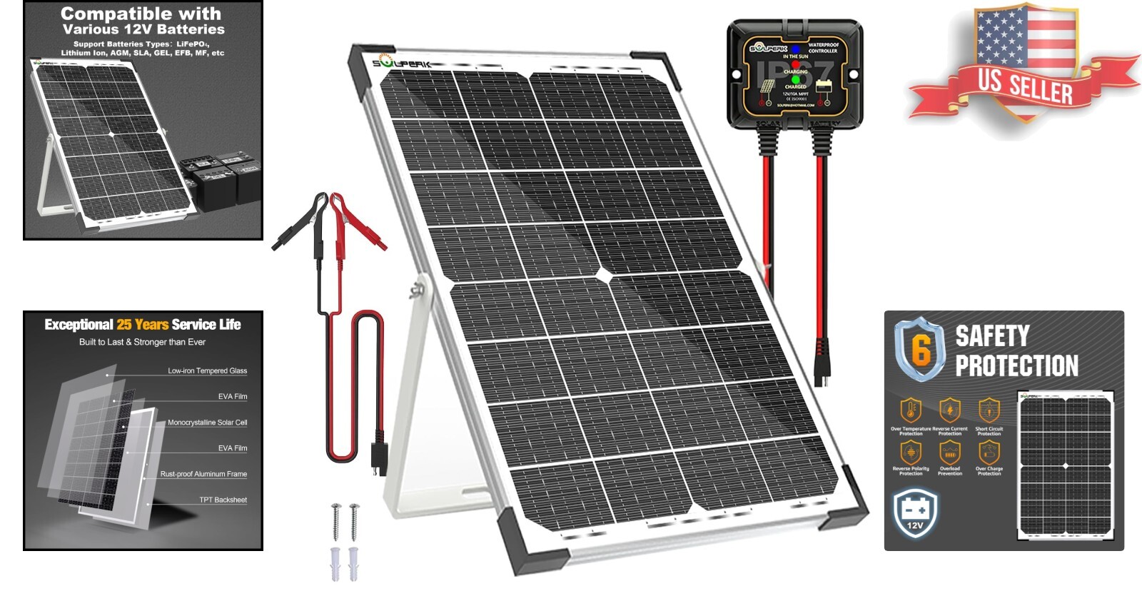 Versatile 30W Waterproof Solar Battery Charger with 10A MPPT Charge Controller