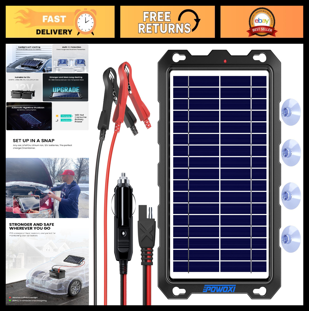 7.5W Solar Battery Trickle Charger Maintainer 12V Waterproof Panel Kit for Car,