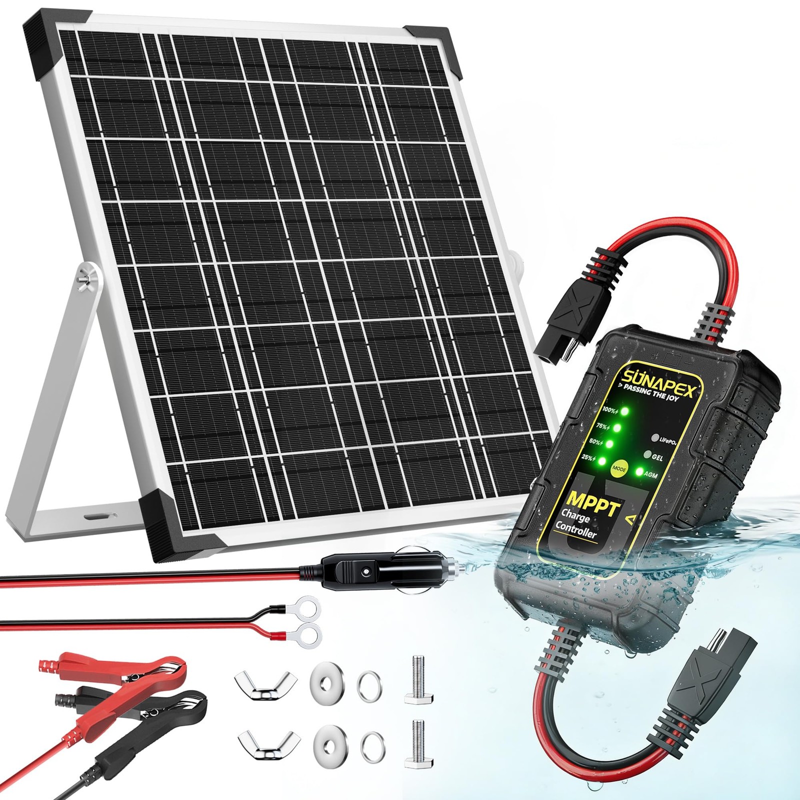 SUNAPEX 12V Solar Battery Charger: 25W Waterproof Solar Panel Kit- Aluminum T…