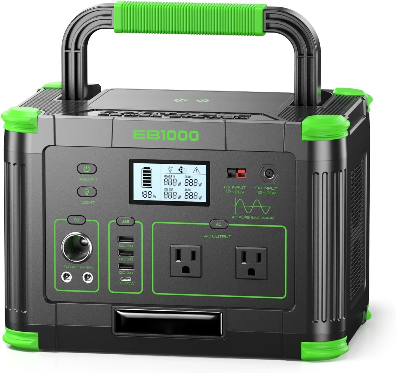 1000W Portable Power Station 999Wh, 110V Pure Sine Wave AC Outlet (2000W Peak),