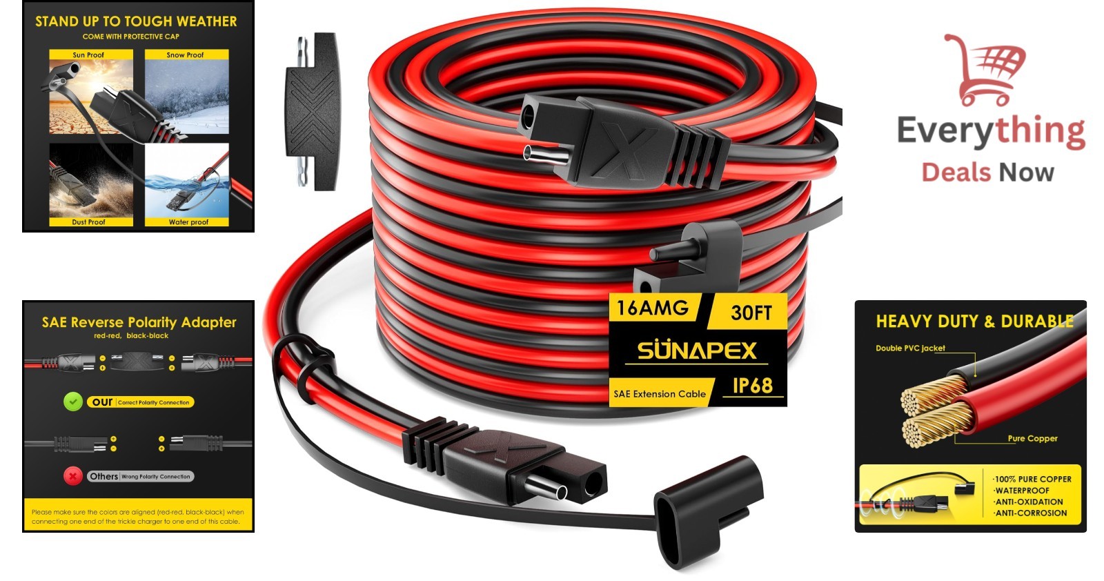 30ft 16AWG SAE to SAE Extension Cable 12V Waterproof Solar Panel Battery Charge