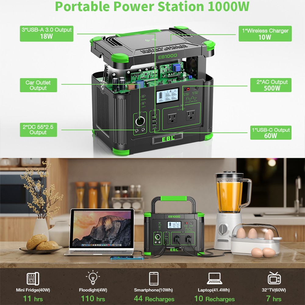 1000W Li-ion Battery Portable Power Station 999Wh for Outdoor Camping Supply