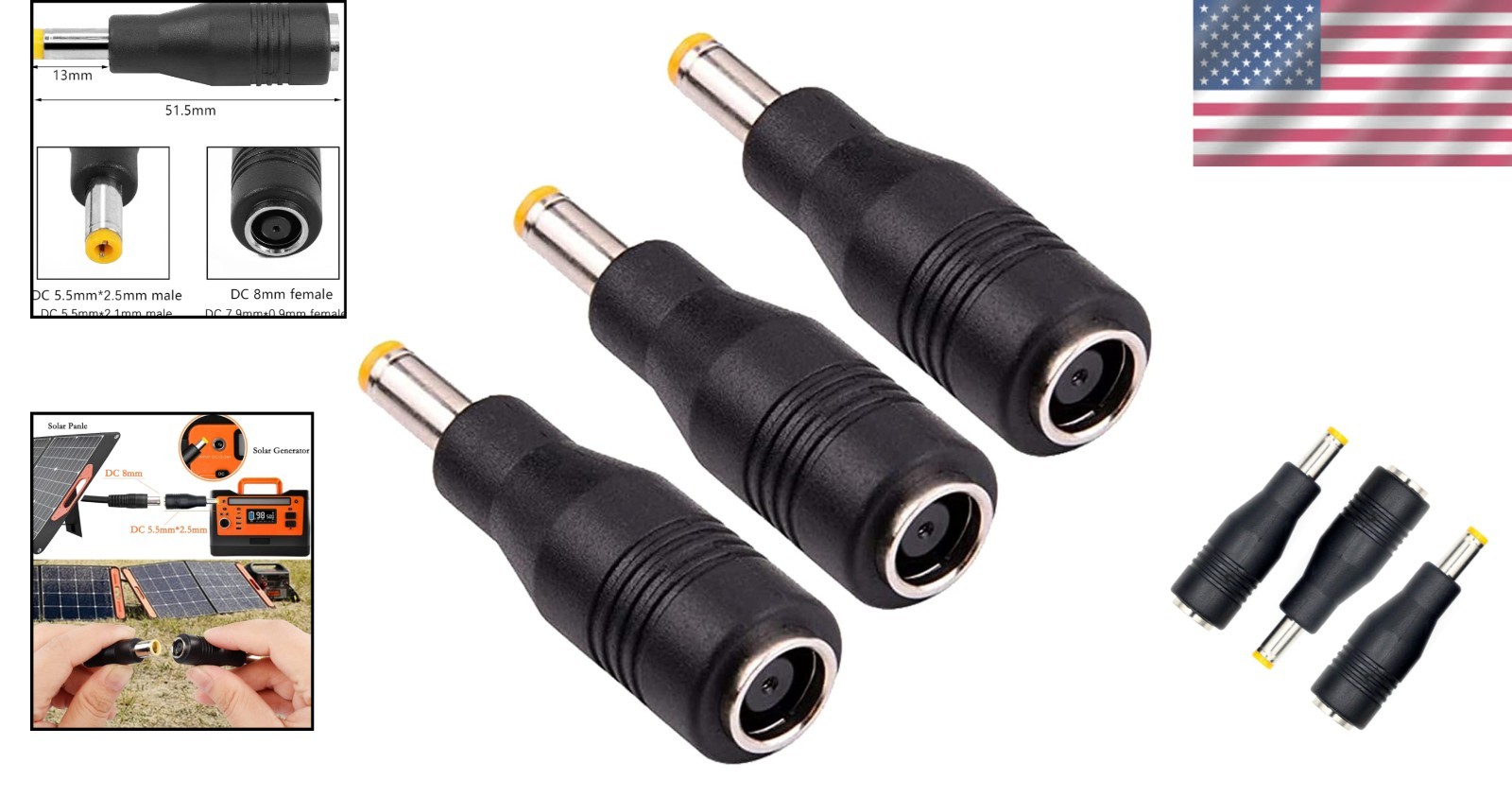 3-Pack DC7909 to DC5525 Solar Adapters: Lightweight 8mm to 5.5mm Plug Connectors