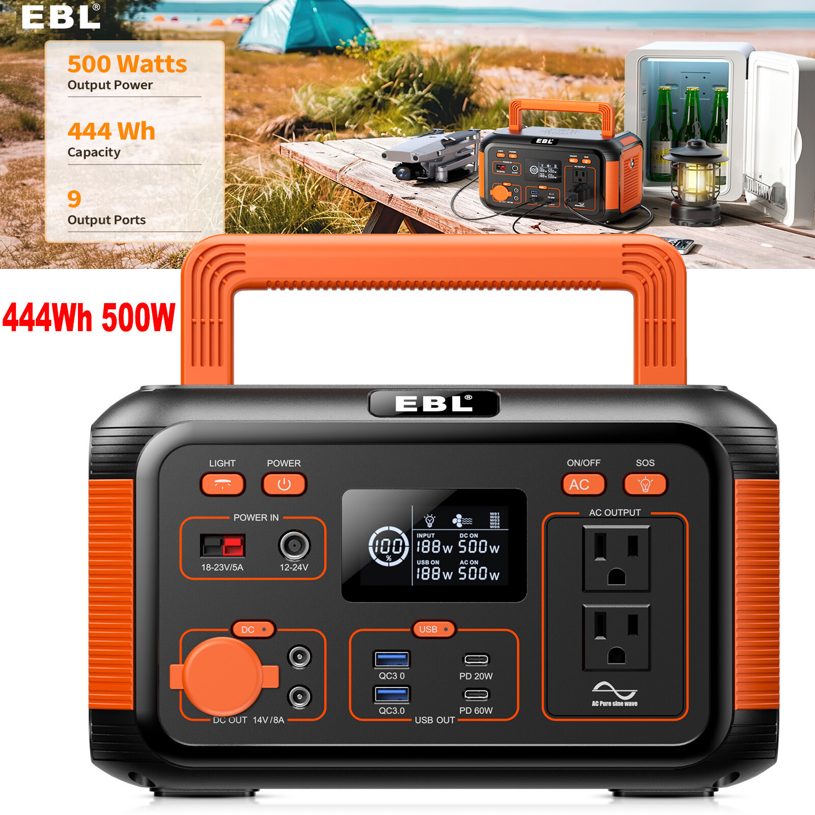 Portable Power Station 444Wh 500W AC USB Battery Charger Camping Solar Generator