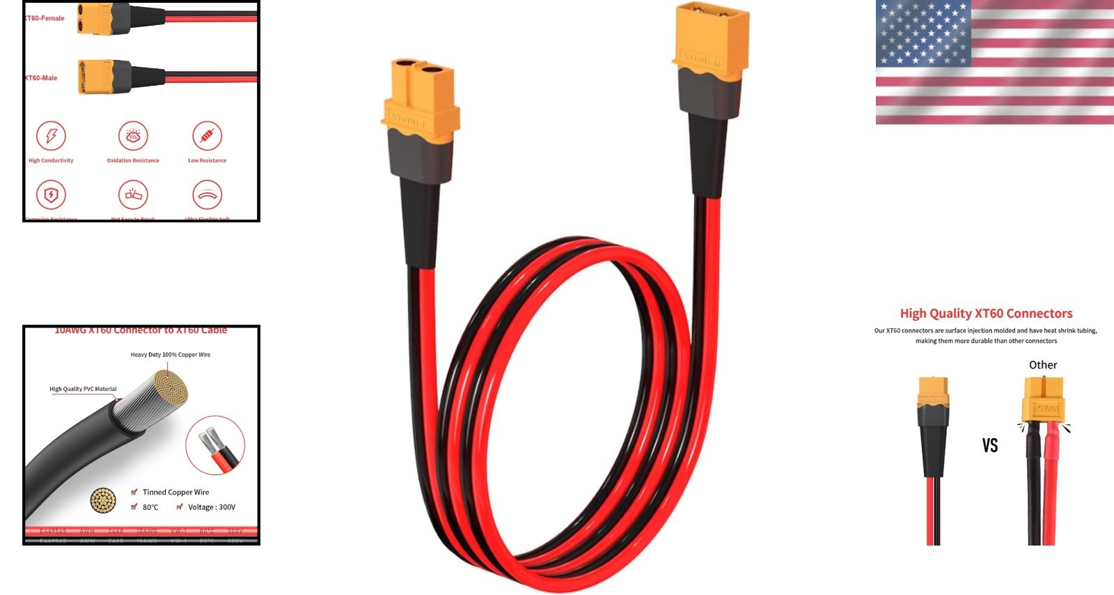 10AWG 2FT XT60 Male to Female Connector for RC & Solar Applications