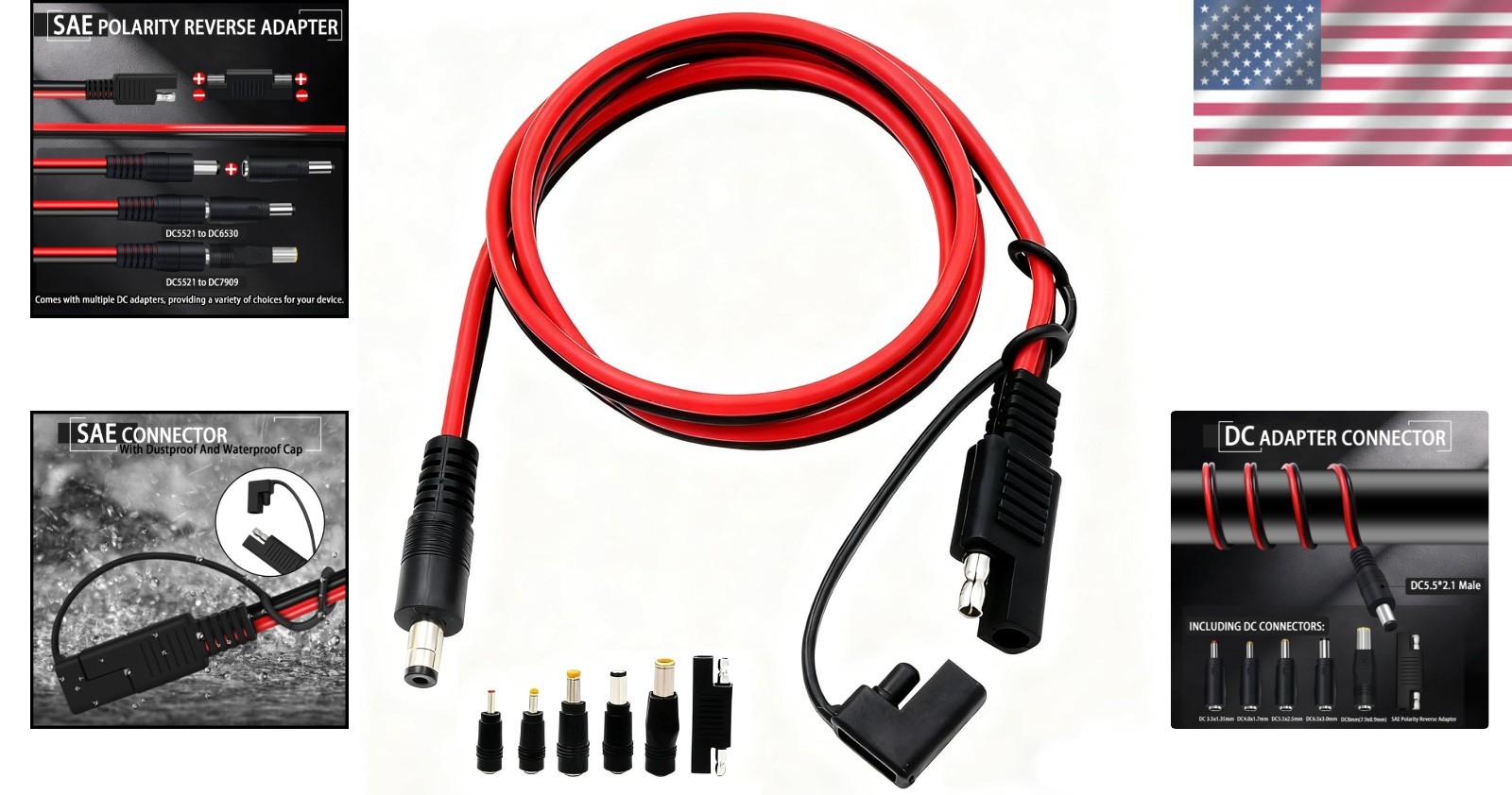 SAE to DC Adapter for Jackery Solar Panel, 3FT SAE Plug to DC5521 Male Connector