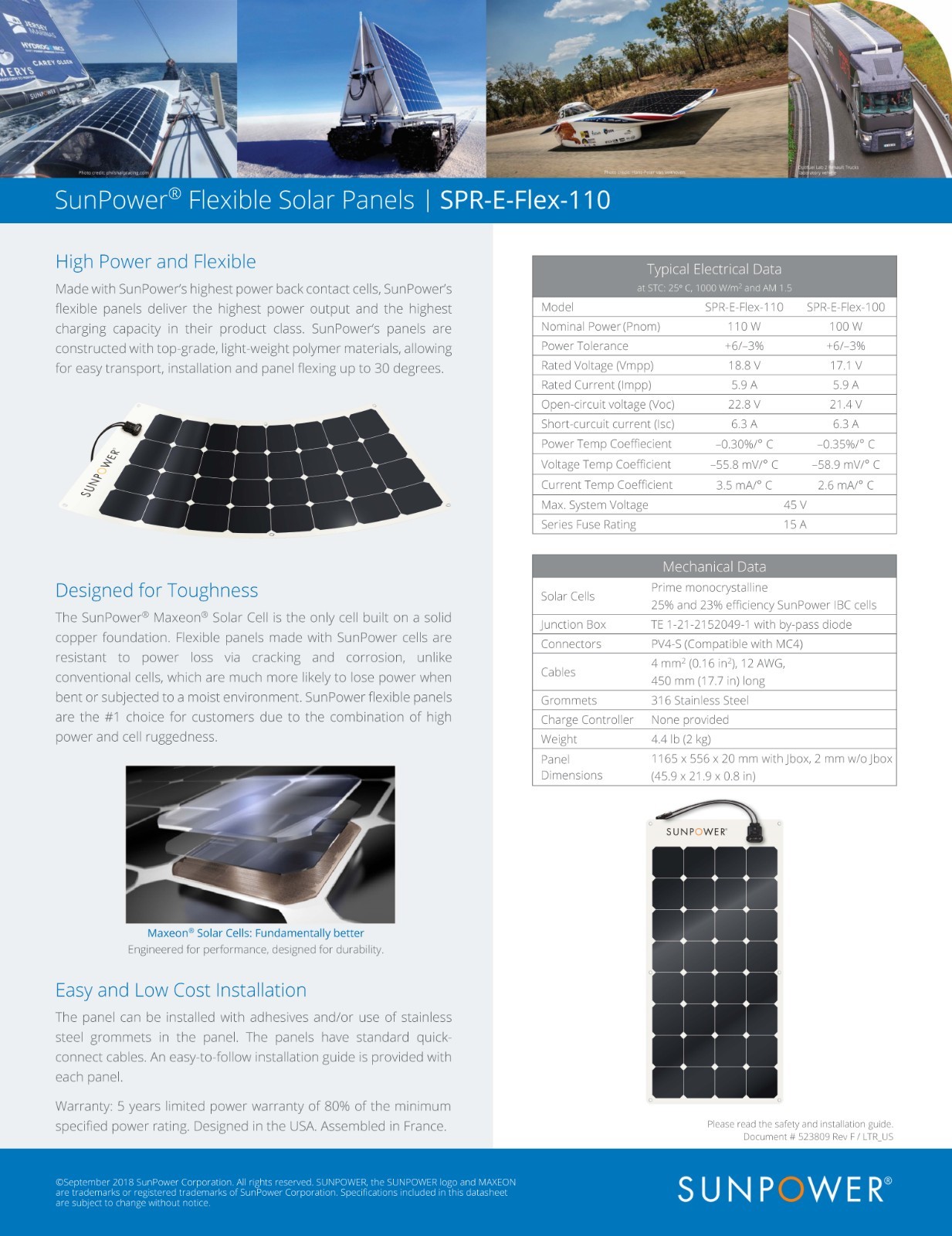 SunPower® 100 Watt Flexible Solar Panel. High Efficiency for Marine, RV, Camping