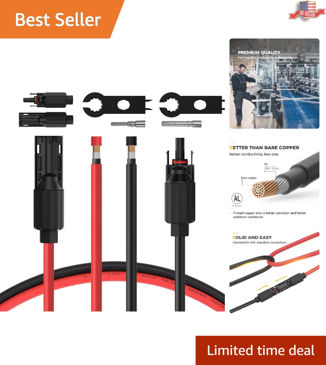 30 Feet Heavy-Duty 8AWG Solar Cable – Durable Male & Female Connectors Included