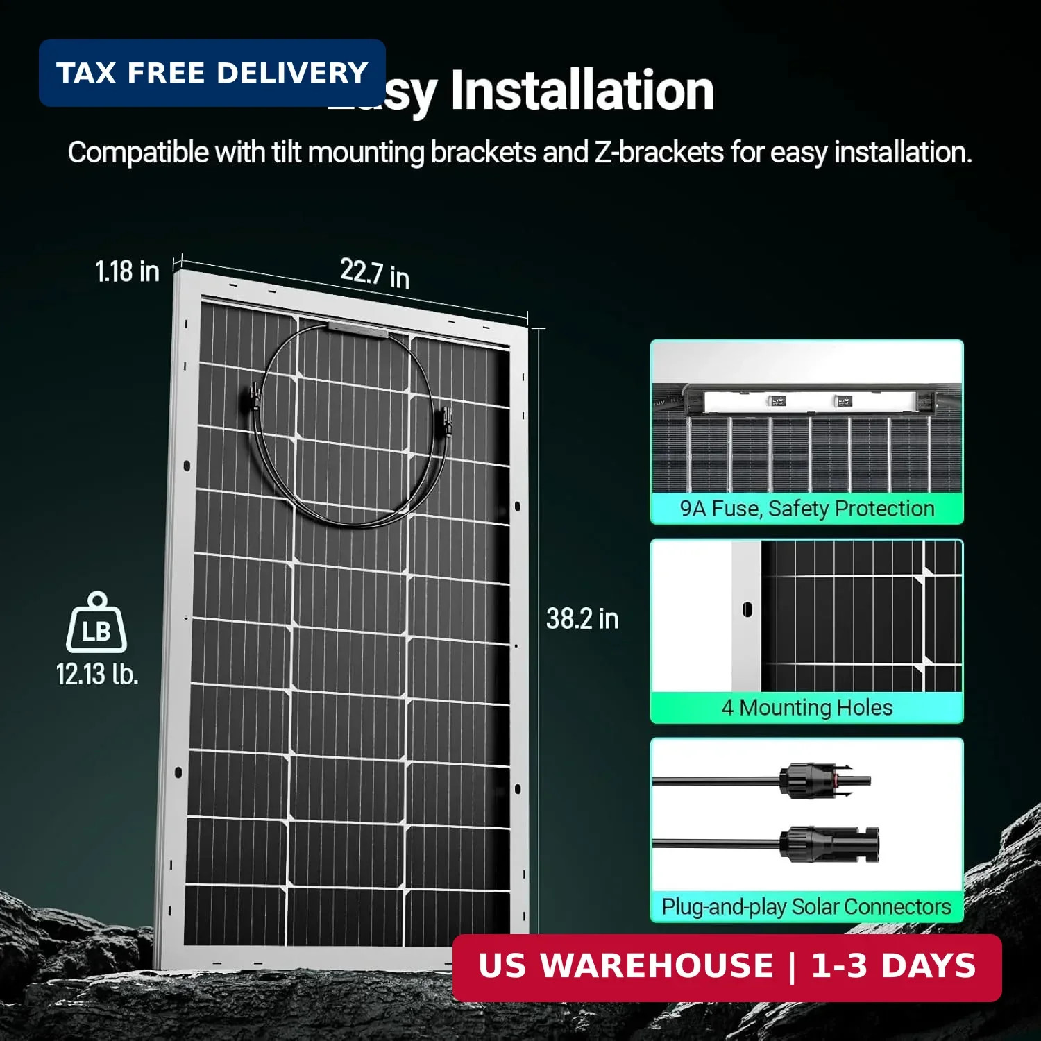 HQST-100W 12V Monocrystalline Solar Panel, High Efficiency Module PV Power for B
