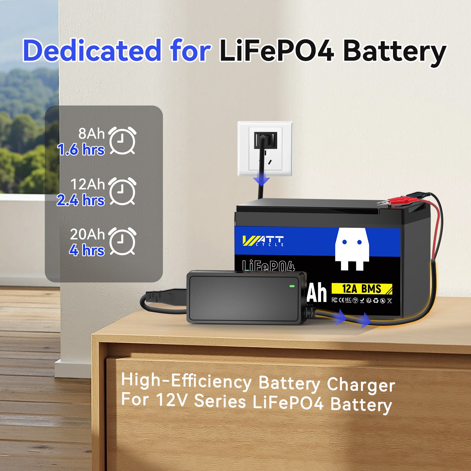 WattCycle 14.6V 5A Smart Charger for 12V LiFePO4 Lithium Iron Phosphate Battery