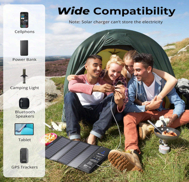 28W Portable Solar Charger, Dual USB-C/USB-A for Camping, Hiking, Phones & GPS.